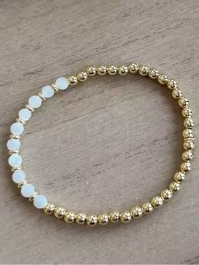 Water Resistant Gold Beaded Stretch Bracelet with White Opalescent Accents